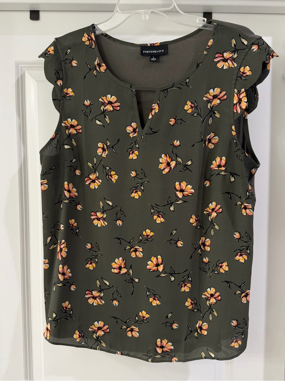 Fortune + Ivy Olive Floral Ruffle Cap Sleeve Cami